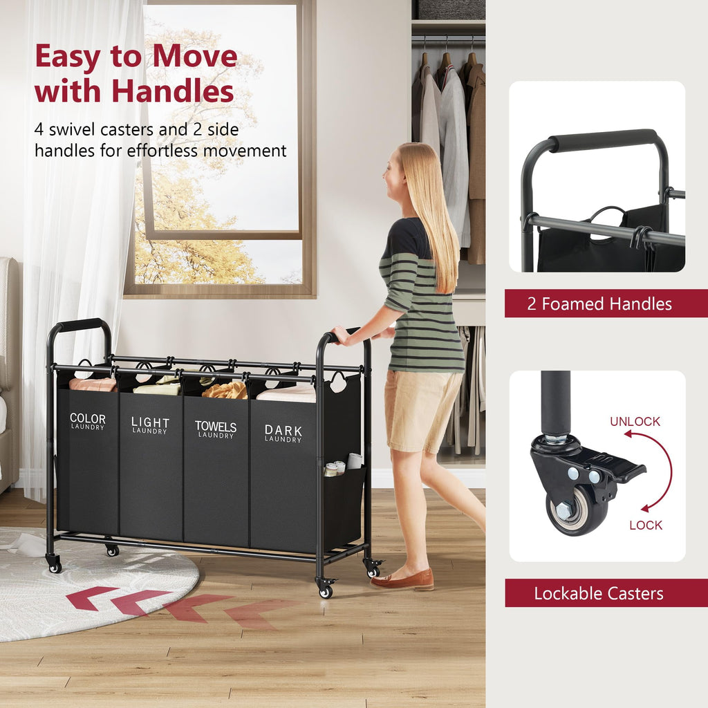 4 Bag Laundry Sorter Cart, Laundry Sorter 4 Sections, Black