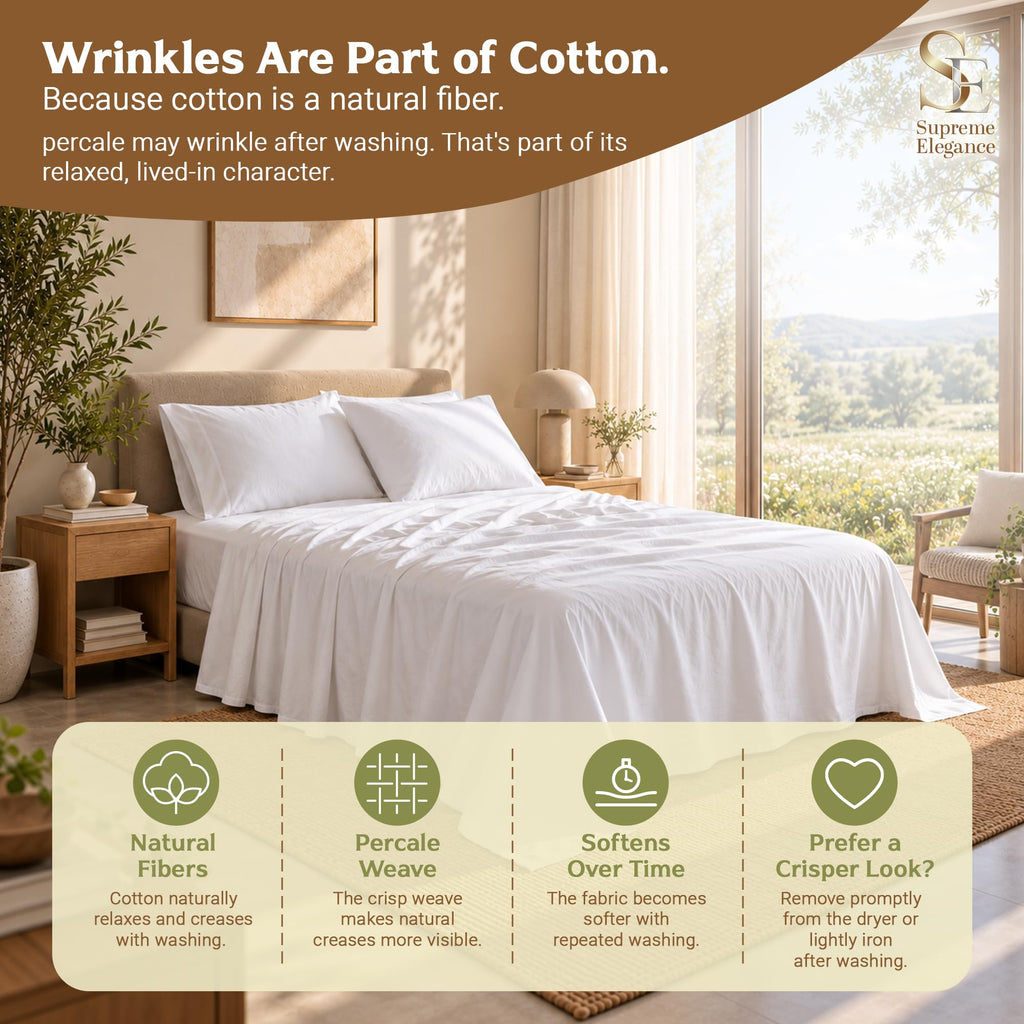 100% Organic Cotton Queen Sheets Set, Percale Snow White