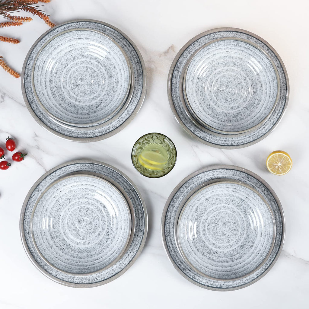 Melamine Dinnerware Sets 12 PCS - Service for 4 Plates & Bowls Sets Grey