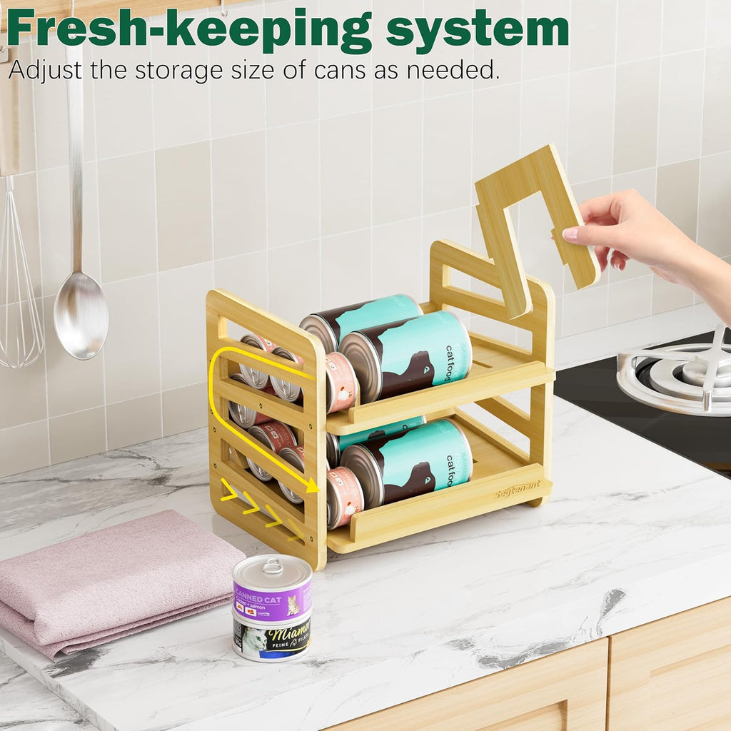 Rolling Bamboo Cat Food Can Organizer, 2-Layer Wet Cat Food Storage Container Holds 42 (3oz) Cans, Canned Cat Food