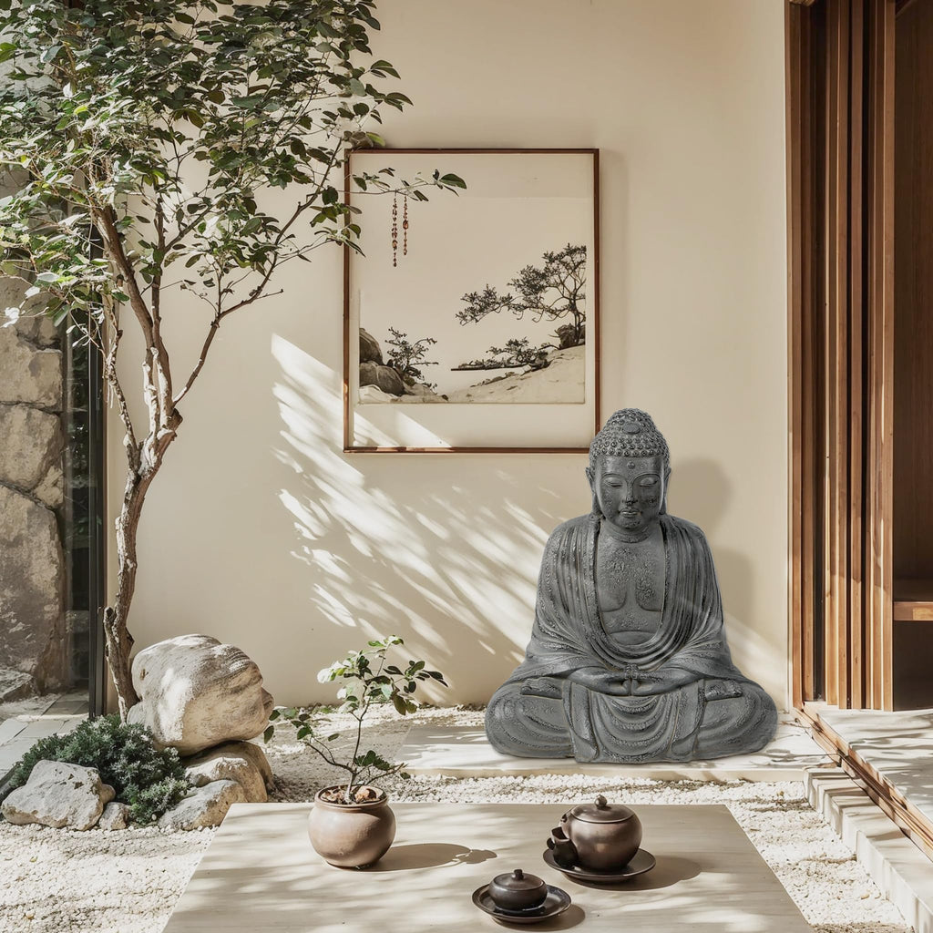 LuxenHome Buddha Statue Outdoor & Indoor, 17" Fiber Stone Meditating Buddha