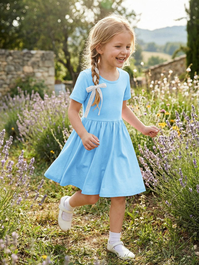 Toddler Baby Girl Short Sleeve Dress Kids Summer A-Line Twirly Skater T-Shirt Dresses with Pockets - Blue