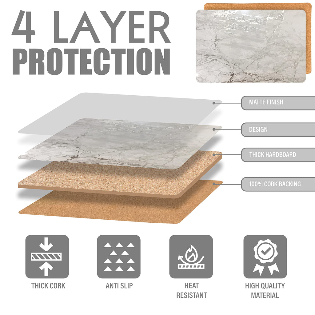 Foiled Granite Thick Cork Heat Resistant Dining Table Placemats Set of 2, 12" x 18" Rectangle, Marbled Silver, 2