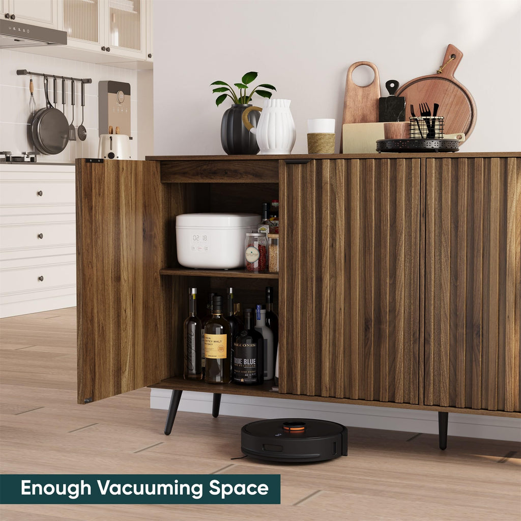 Walnut Buffet Cabinet with Storage, Large Sideboard Cabinet with 4 Fluted Doors and Metal Legs, Storage Cabinet with