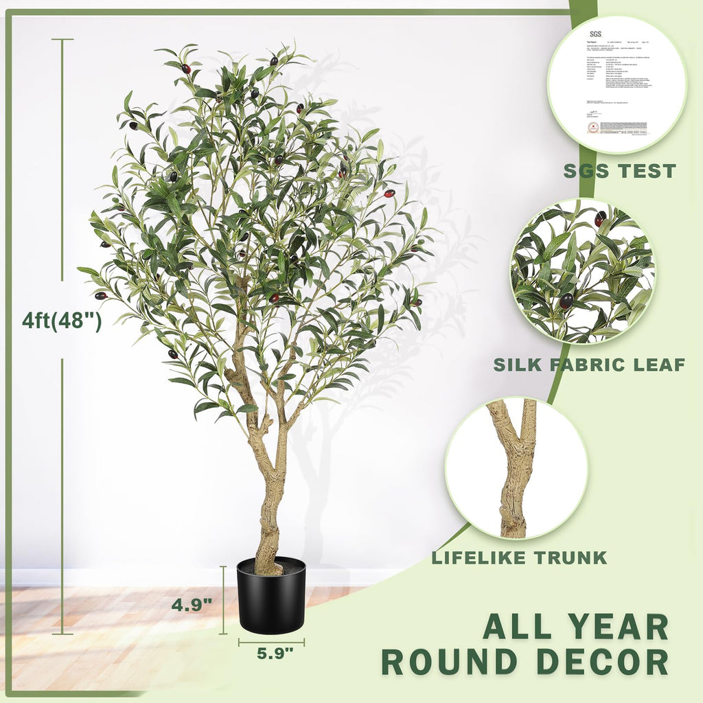 Faux Olive Tree 4ft with Large Olive Branches and Lifelike Leaves