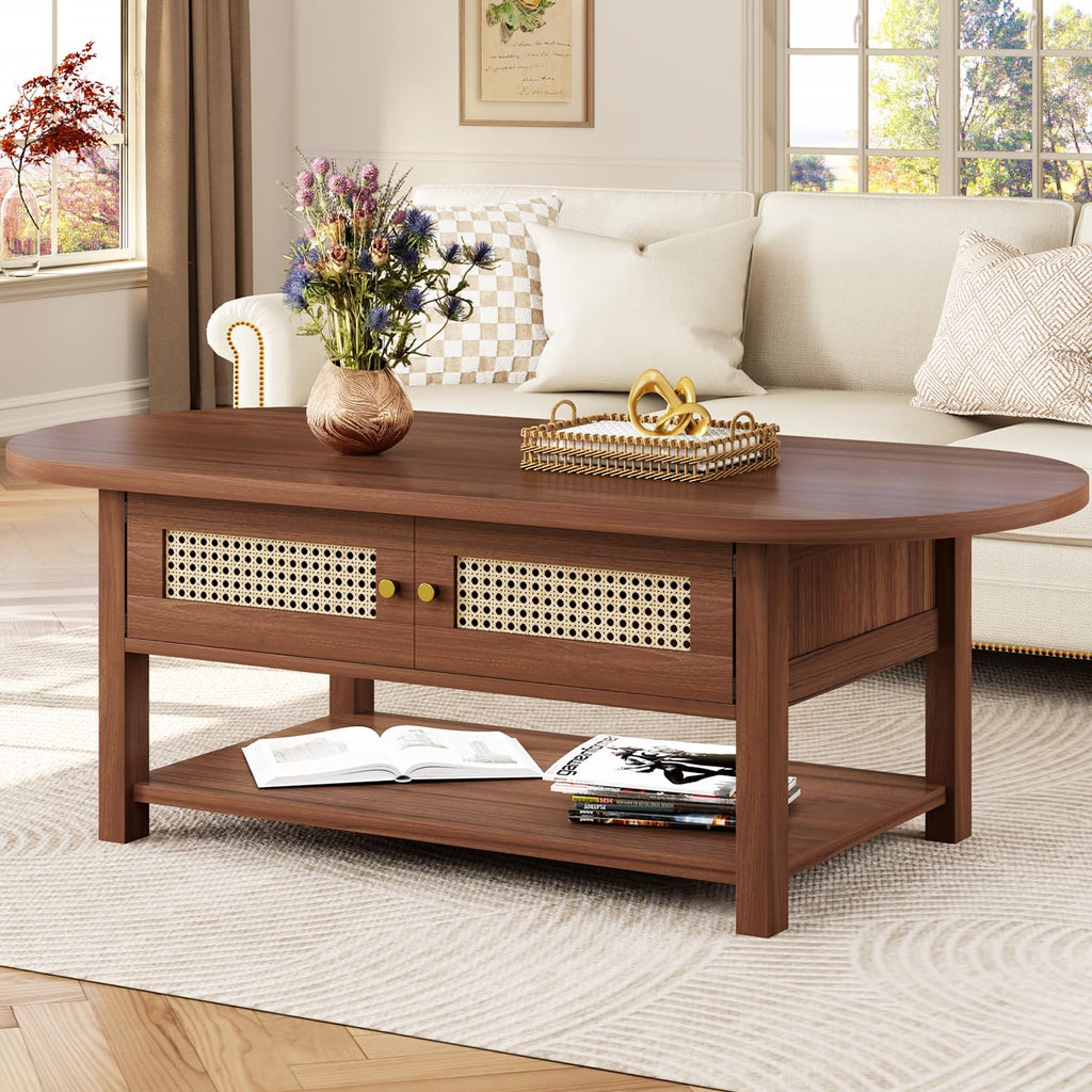Oval Coffee Table, 47" Rattan Boho Wood Living Room Table with Storage
