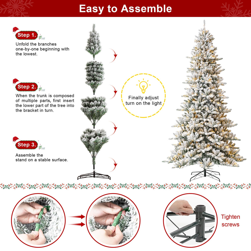 10ft Pre-Lit Flocked Fir Artificial Christmas Tree with 750 Warm White Lights, Full Size Large Xmas Tree for Holiday
