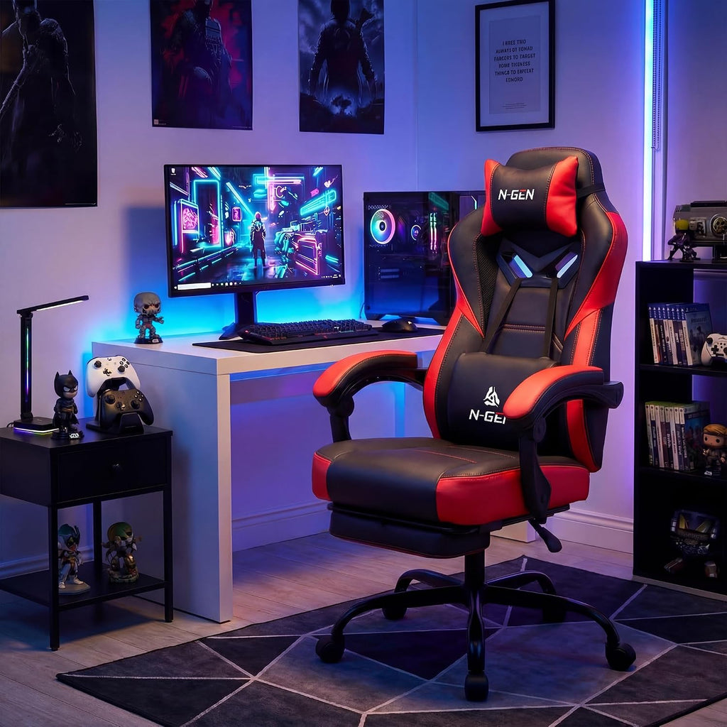 Big & Tall Gaming Chair with Footrest, Lumbar Support, Red | Ergonomic High-Back Chair for Adults, Padded Wide Seat