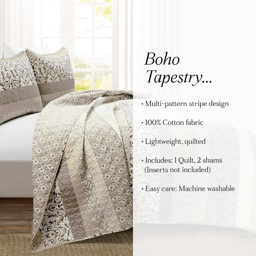 Boho Stripe Reversible Cotton Quilt 3-Piece Set, Neutral - Bold Colorful Bohemian Bedding Set