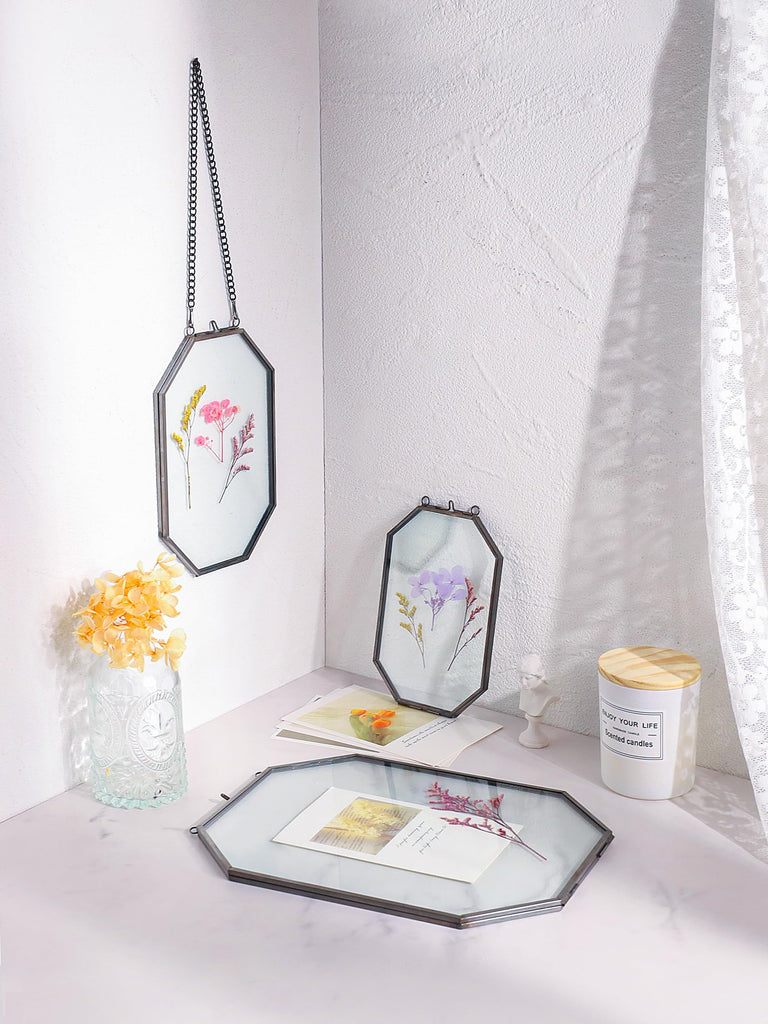 Pressed Flower Frames, Glass Floating Frames for Display Dried Plant Specimen Picture, Hanging Brass Photo Frame with