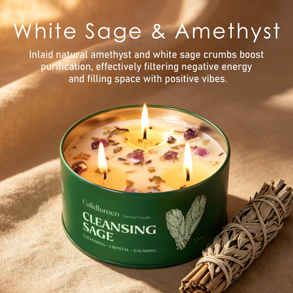 Sage Candle for Cleansing with Crystal - 3 Wick 24 oz 2PC