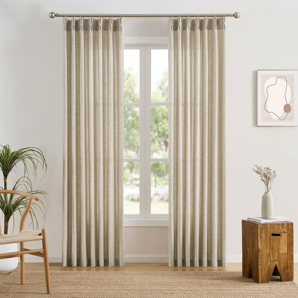 Beige Sheer Curtains 132 Inches Long with Pinch Pleat, Memory Trained Pleated Drapes Hooks Linen Textured Boho Extra
