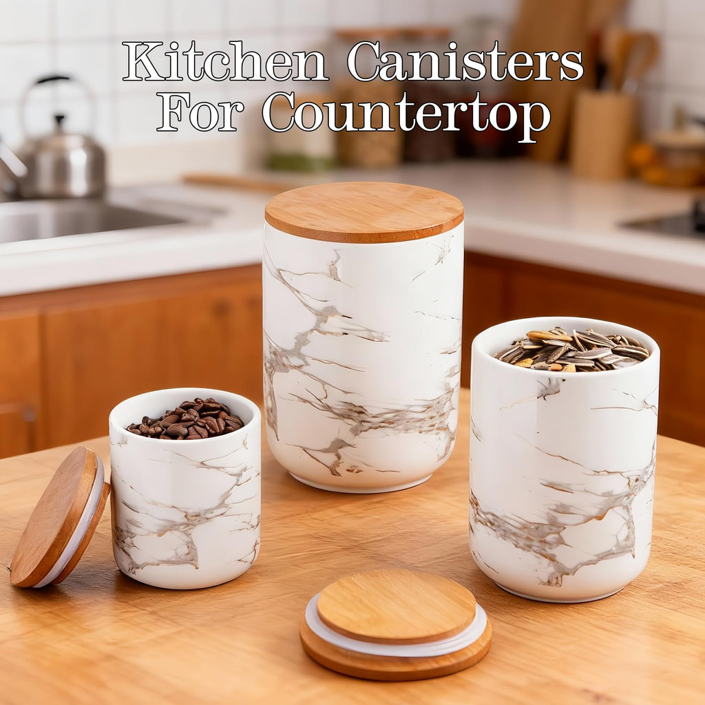 White Marble Ceramic Canister with Bamboo Lid, 3-Piece Airtight Jars