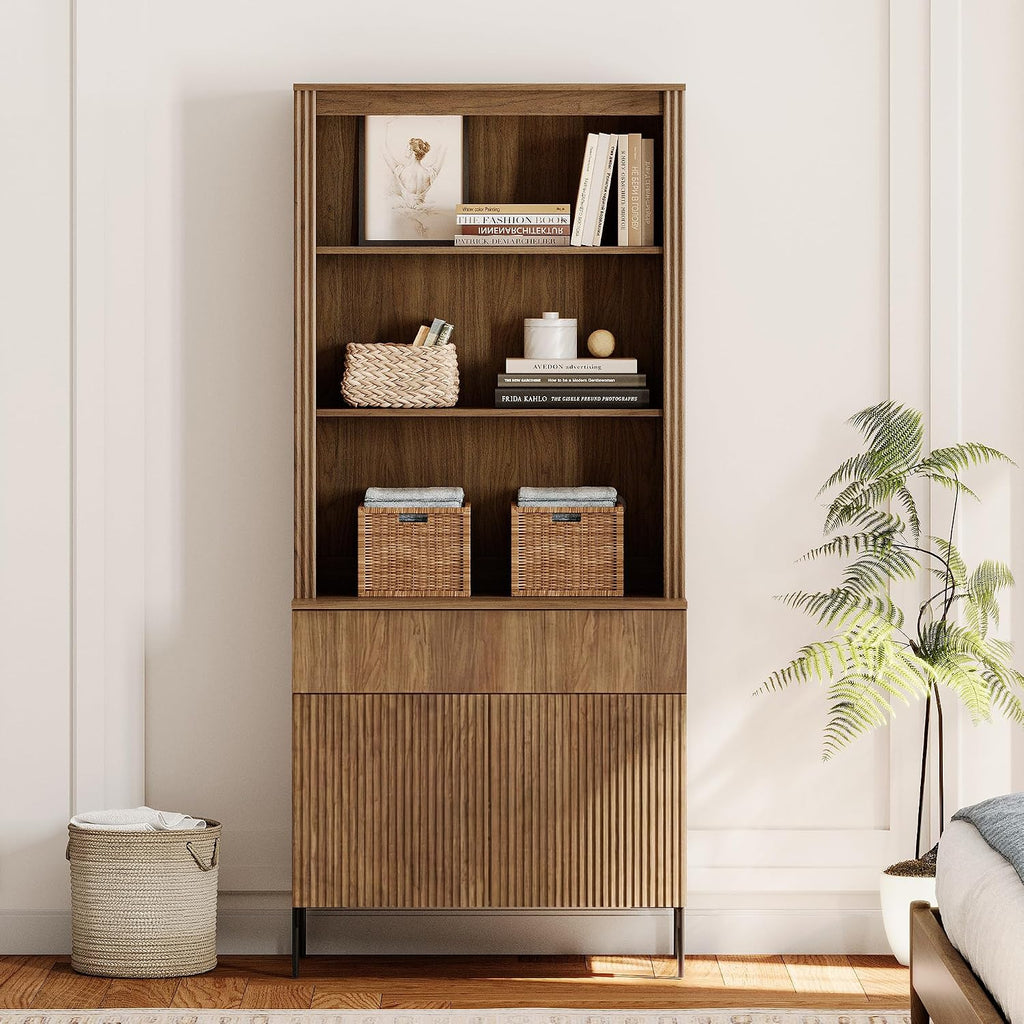 Modern 71.5" Tall Bookcase with 2 Doors & 1 Drawers, Fluted Bookcase with Storage and Adjustable Shelves, Wooden