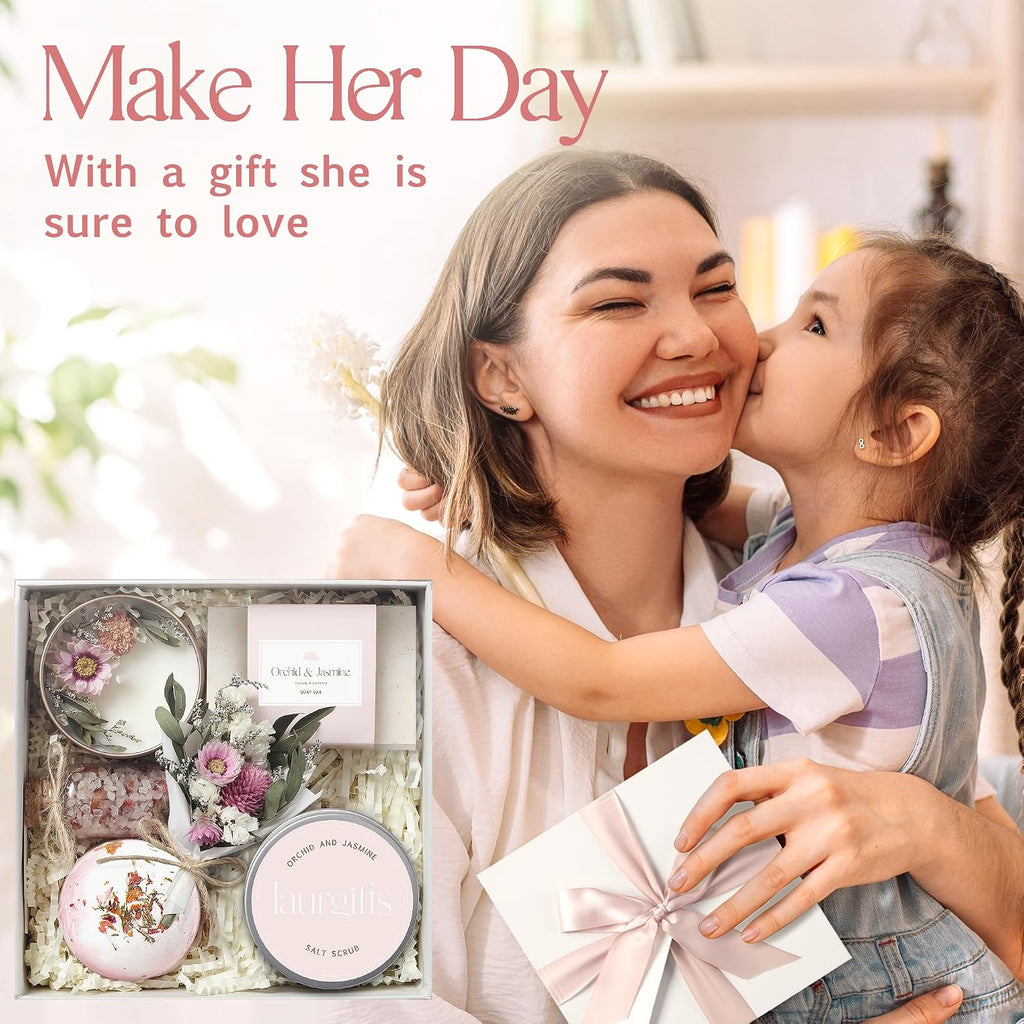 Birthday Gifts for Women - Orchid & Jasmine Spa Gift Basket, Luxury Candle Set & Bath Sets Care Box, Gift for Mom - Set of 6
