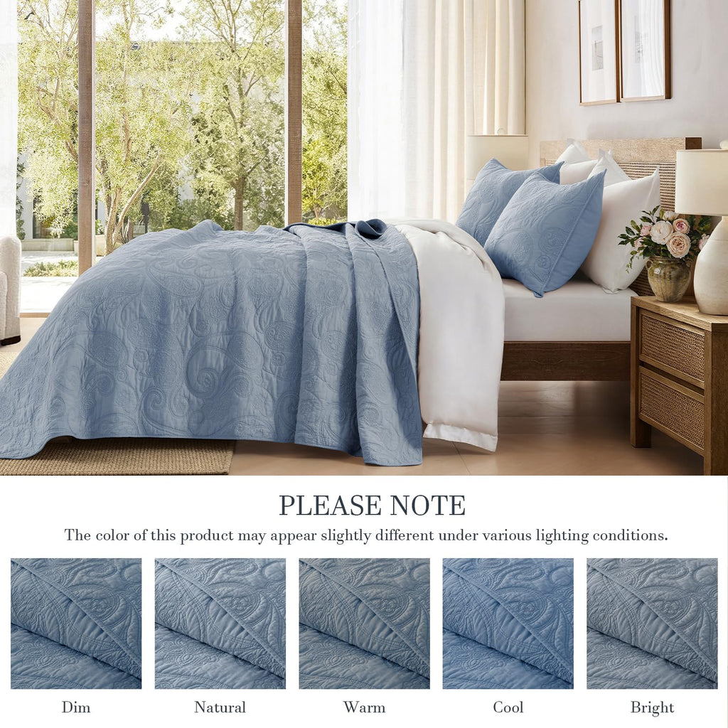 100% Cotton Quilt Set, Paisley Design, Slate Blue