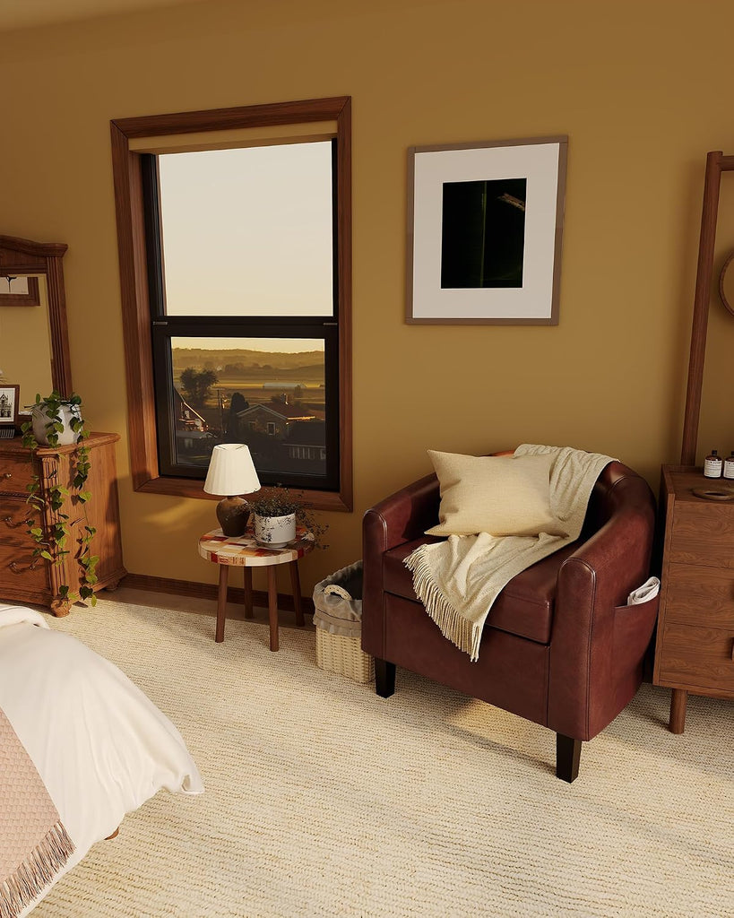 Accent Chair Faux Leather Barrel Chairs Club Armchair with Soft Seat Bedroom Reading Waiting Room - Brown - Set of 2
