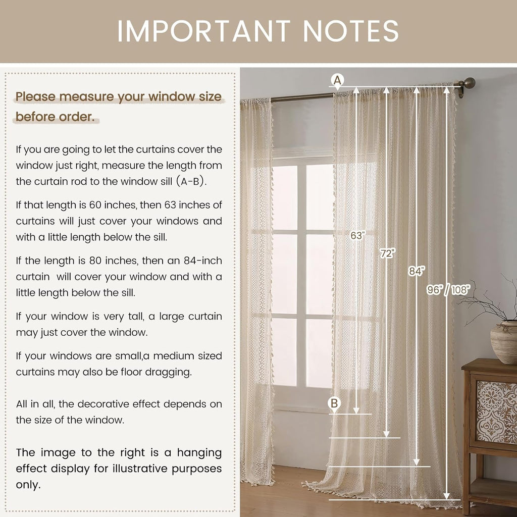 Boho Crochet Curtains for Living Room Lace Curtains 84 Inches Long 2 Panel, Rod Pocket Vintage Tassel Bohemian Decor