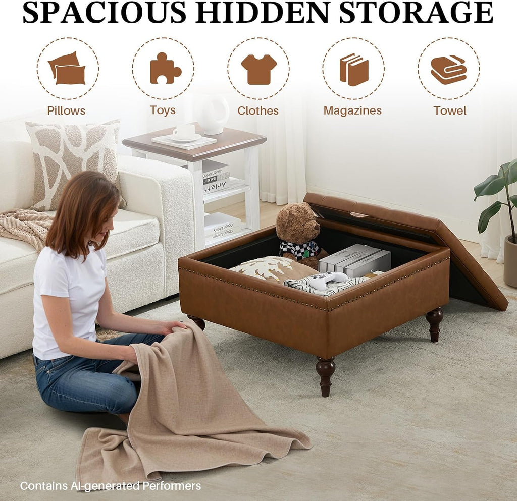 Square Ottoman Coffee Table, Large Leather Ottoman with Storage | Oversized Footstool, Anti-Slip Embedded Lid, Brass
