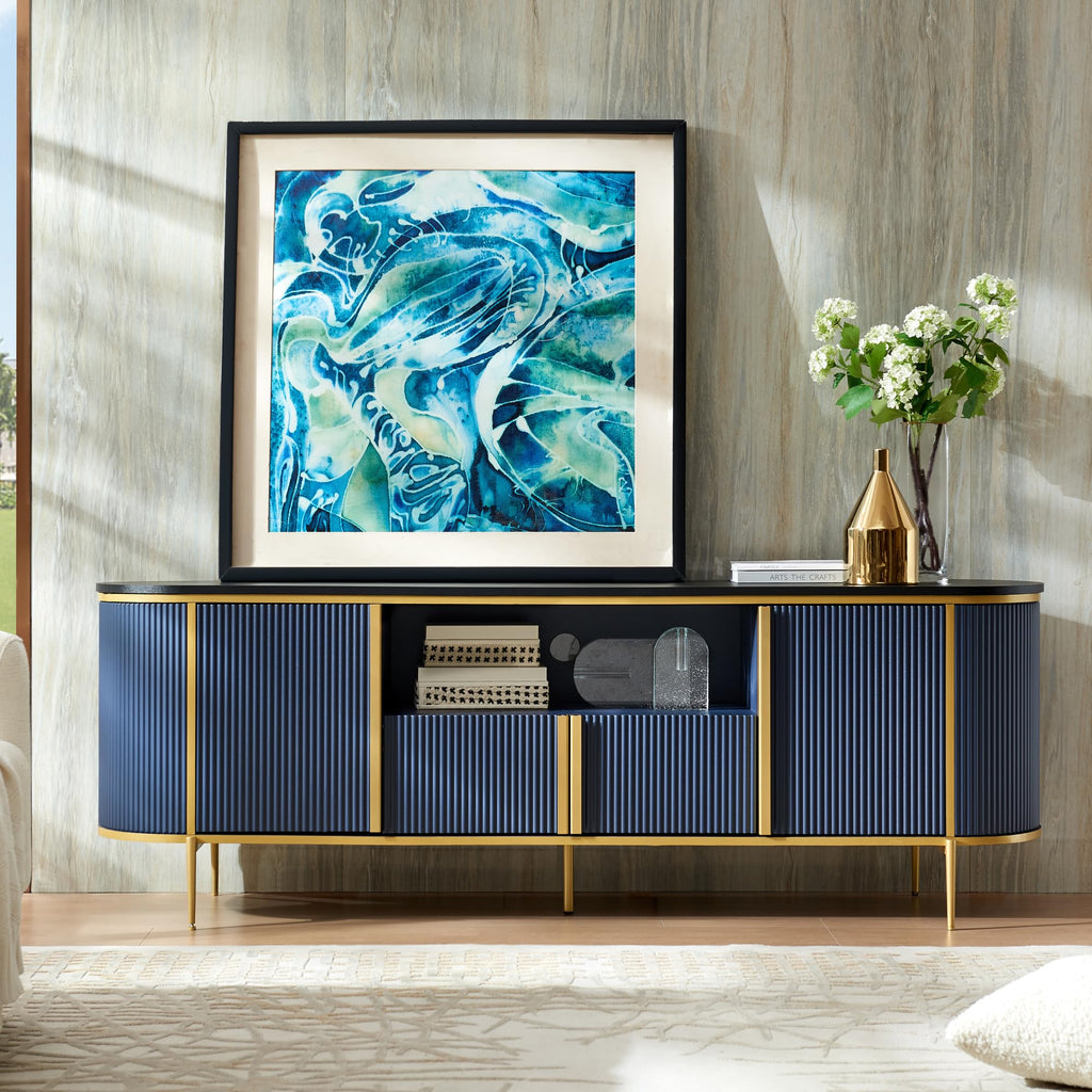 70" Fluted TV Stand with Storage, Faux Marble Top Entertainment Center for TVs Up to 80", Modern Curved Edge Media