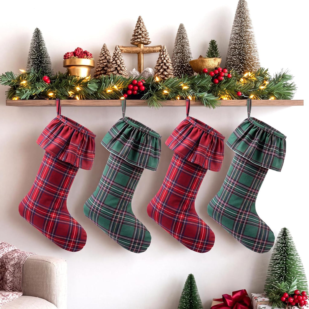 Large Christmas Red Green Tartan Plaid Stockings Decor Gift - Set of 4