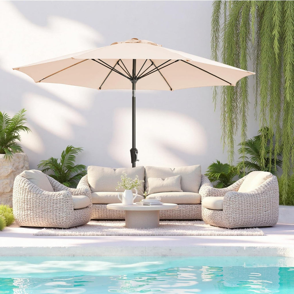9FT Large Outdoor Patio Umbrella Pool Market Umbrella-UV Resistant, Easy Push Button Tilt and Crank - Beige