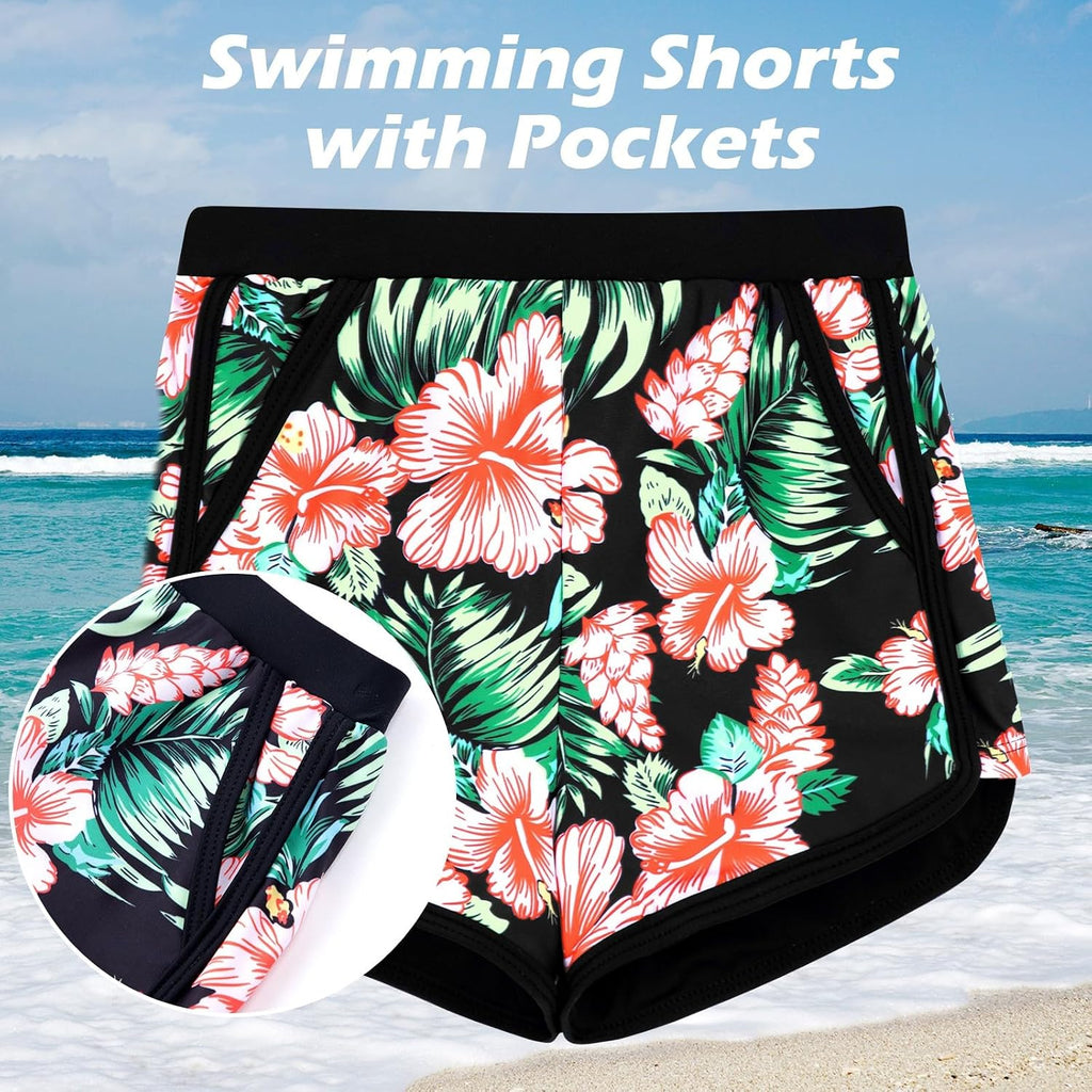 Girls Rash Guard Swimsuit 2 Piece Long Sleeve One Piece Bathing Suits with Swim Shorts Kids UPF 50+ Swimwear Sets