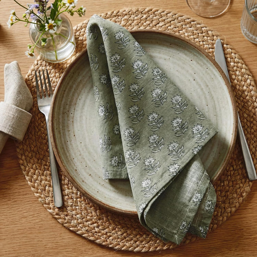 Set of 12 Floral Cloth Napkins Grey Green Linen Cloth Napkins Spring Flower Wildflowers Dinner Napkin 15 x 15 Inch