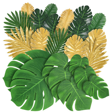 77 Pieces 9 Kinds Artificial Palm Leaves for Tropical Party Decorations Golden Tropical Leaves with Stems Jungle