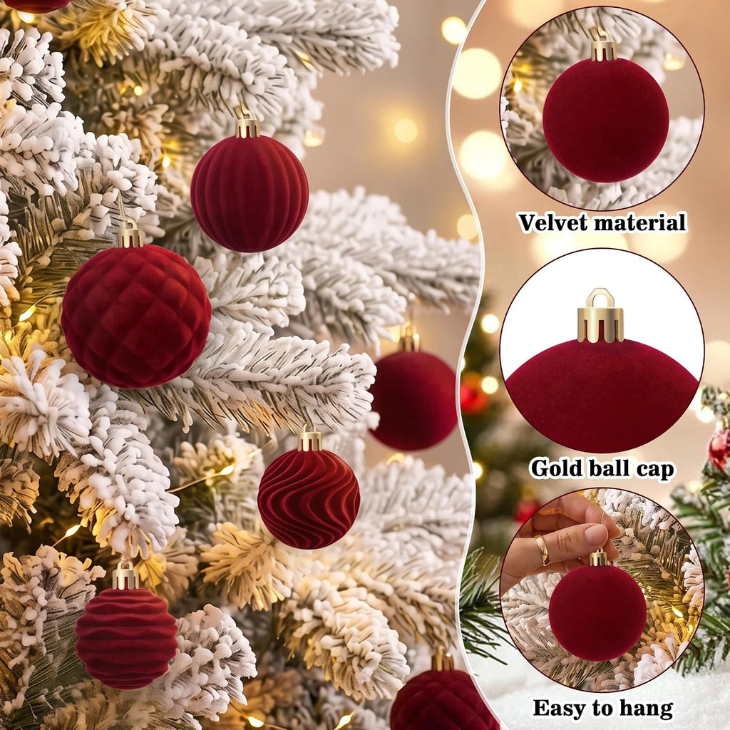 Burgundy Velvet Christmas Ball Ornaments for Tree Decor - Set of 44