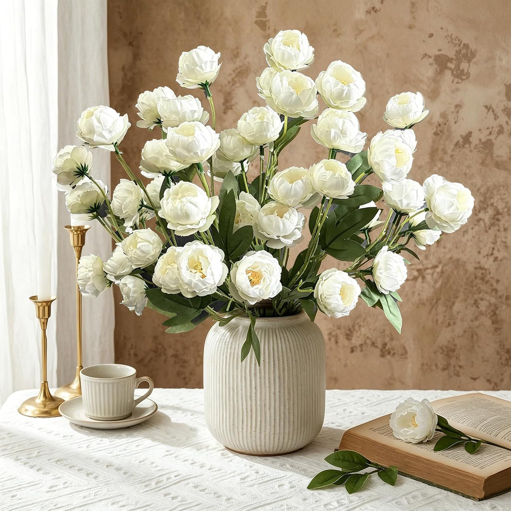 Artificial Peony Flowers, White Faux Peony Stems Bulk, Realistic Fake Flowers for Vase, Tall Floor Vase Decor - Set of 10