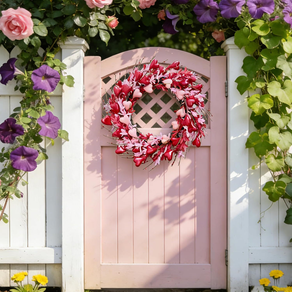 24'' Valentine's Day Wreath for Front Door, Handmade Spring Flower Garland with Red Berries and Pink Love Heart