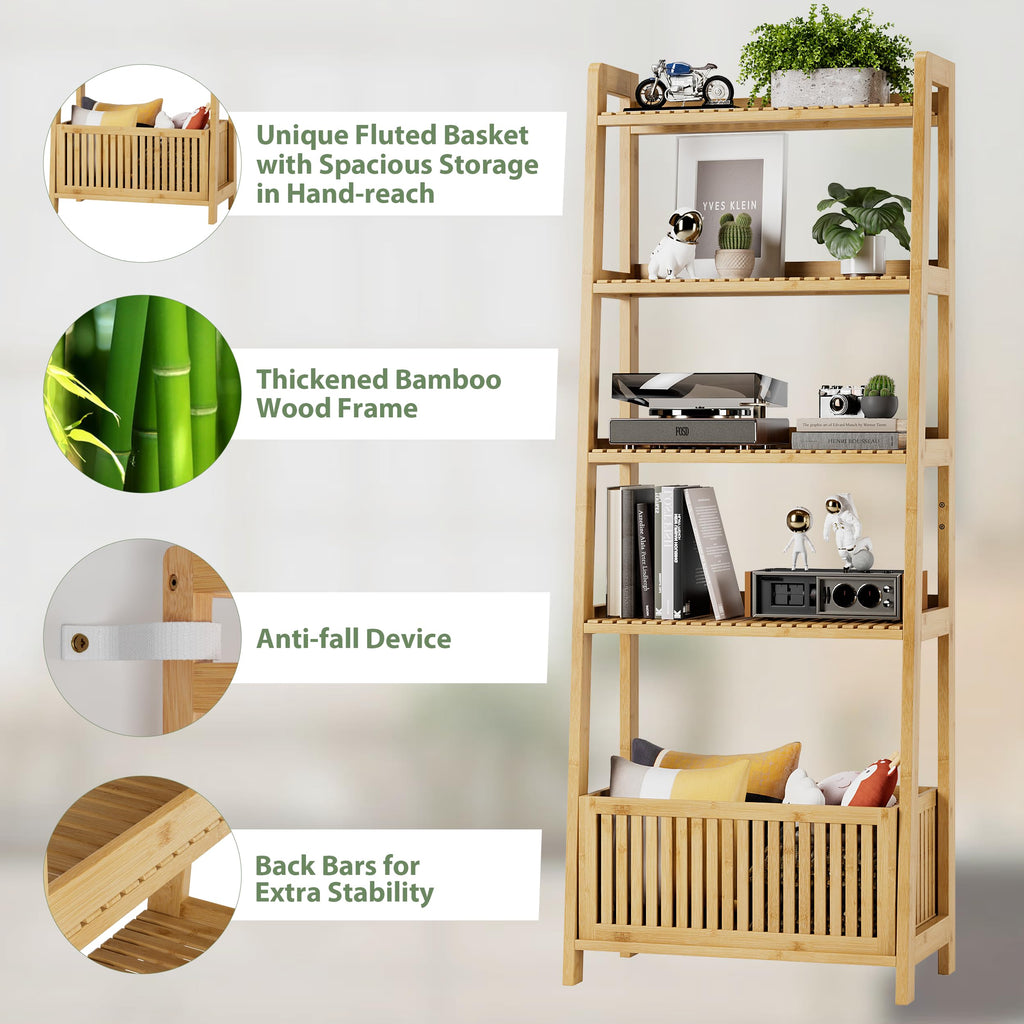 Bamboo Ladder Shelf, Bookshelf with 4 Display Shelves and 1 Open Storage Basket, Multifunctional Storage Rack