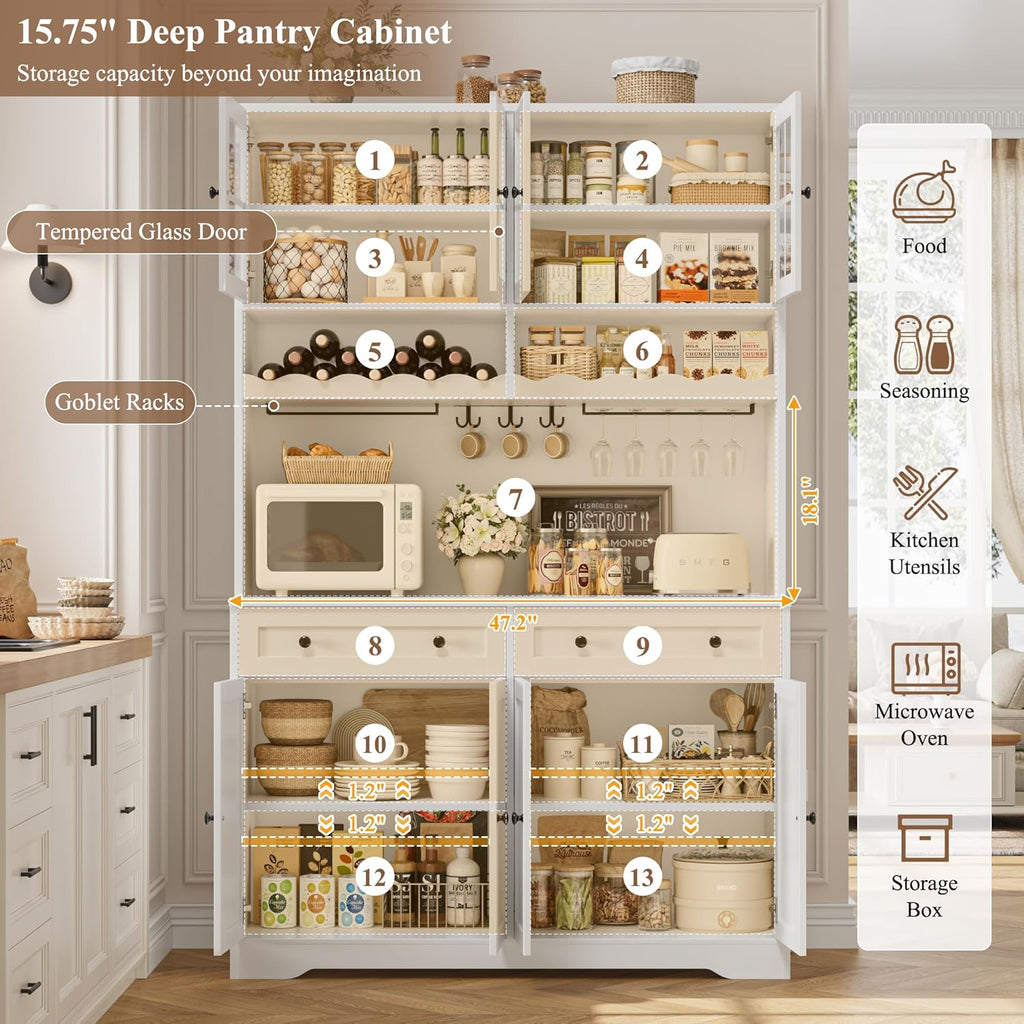 75" Kitchen Pantry Storage Cabinet, Coffee Bar Hutch Cabinet, White | Tall Pantry Cabinet with Charging Station /