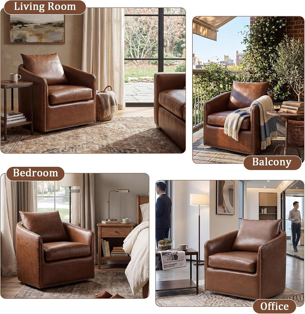 360 Degree Swivel Barrel Chair with Plump Back Pillow, Waterproof Oil Waxed PU Leather Swivel Armchair with Rivets