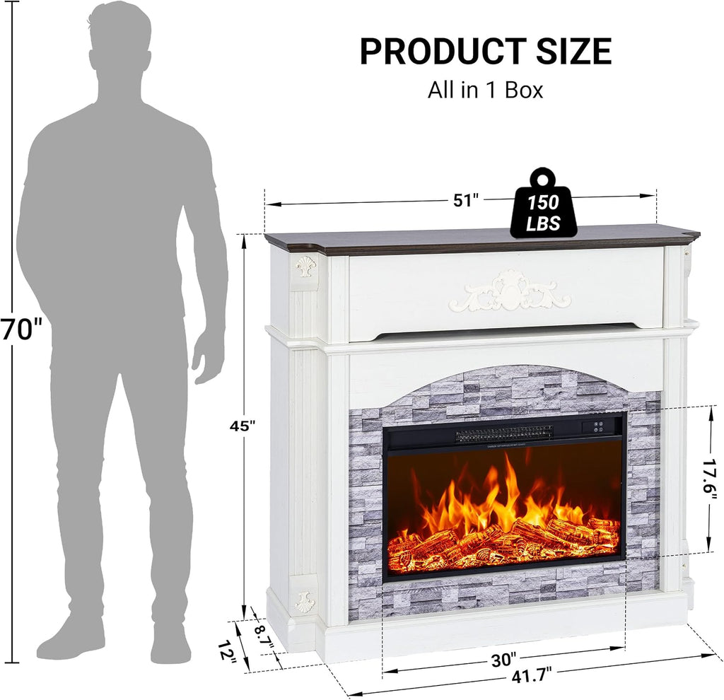 51" Electric Fireplace with Mantel, 45" Tall Carved Farmhouse Entertainment Center TV Stand with Storage Cubby and