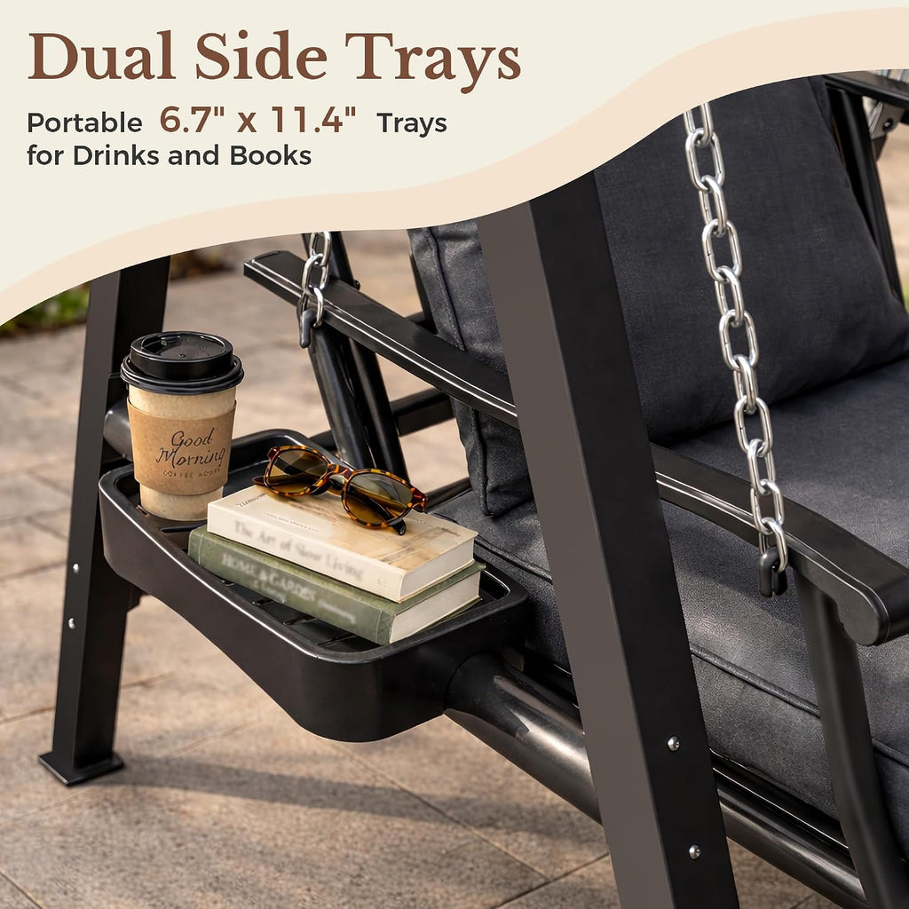 Porch Swing with Stand, 350lbs Heavy-Duty Metal Frame Outdoor Swing for Adults with Dual Side Trays, Adjustable
