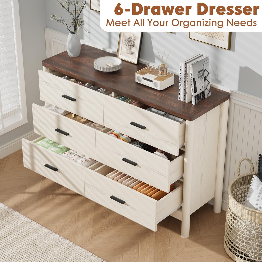 6 Drawer, Wooden Storage Chest of Drawers, White & Brown