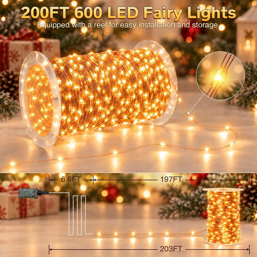 203FT 600LED Outdoor Fairy Lights Plug in Warm White Christmas Decor