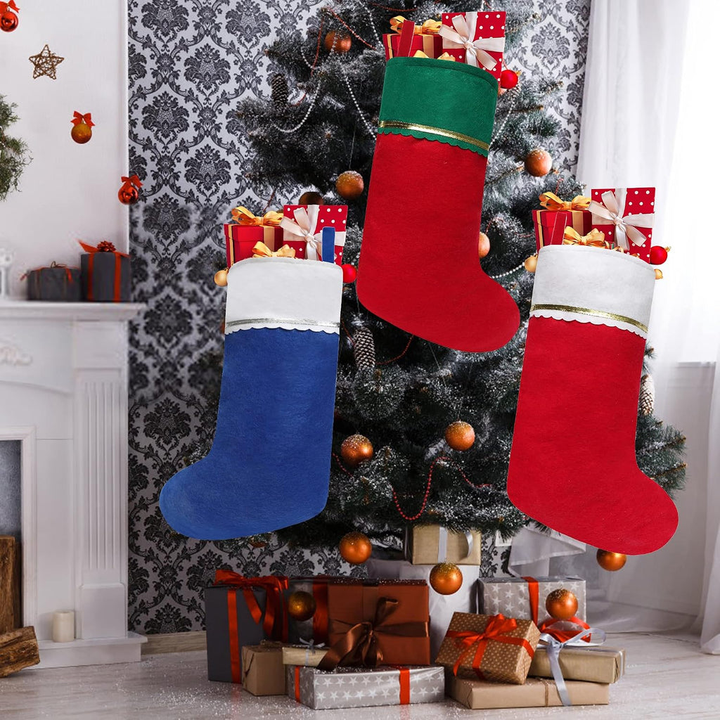 Felt Christmas Stockings, 19 Inches Red and White Christmas Stockings Hanging Ornaments, White Cuff with Gold - Set of 12