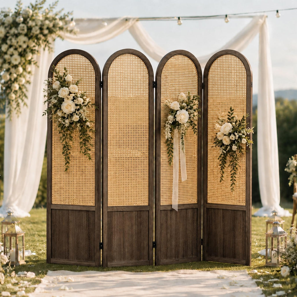 4 Panel Rattan Room Divider Screen, Boho Folding Privacy Screen