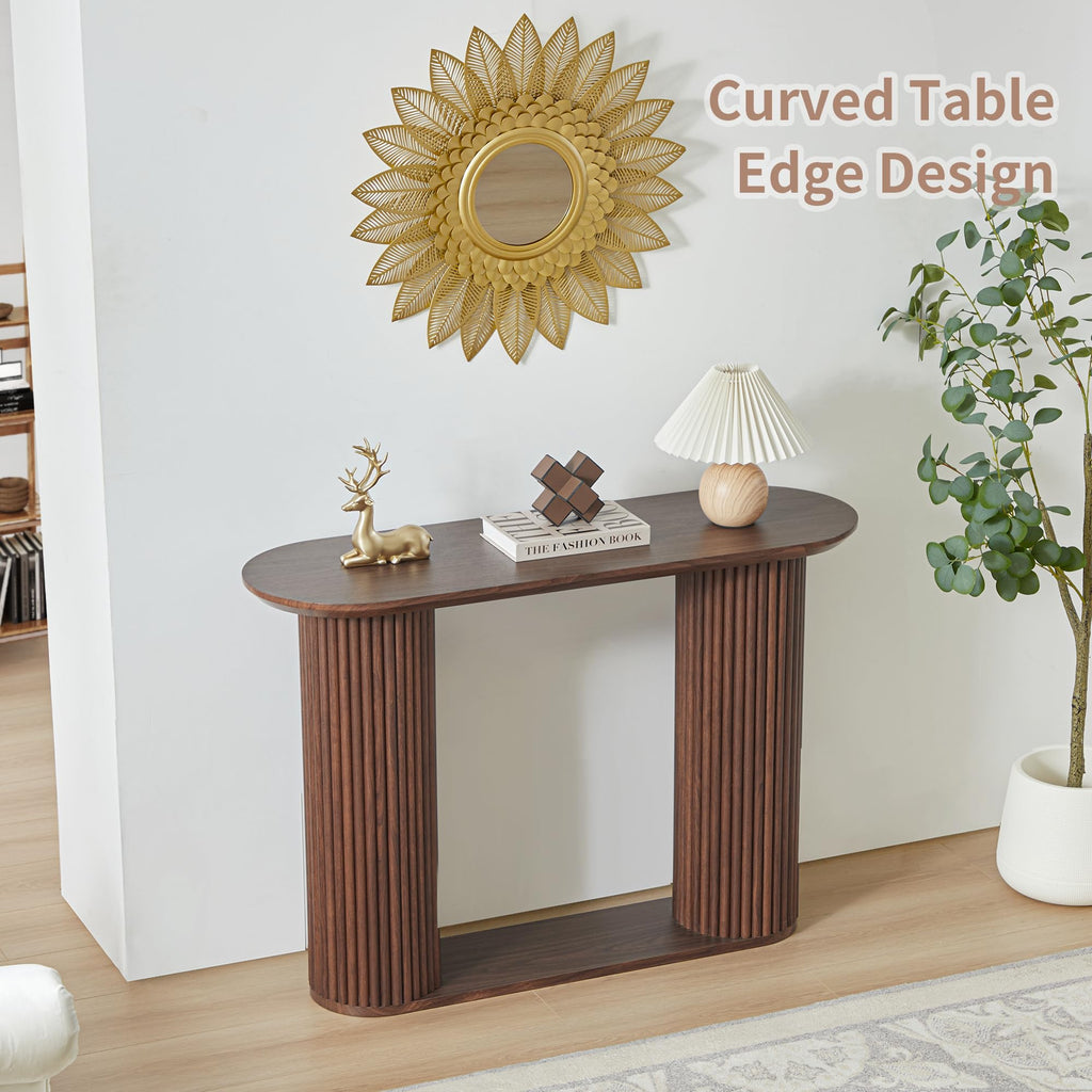 Fluted Console Table, Farmhouse Oval Curved Entryway Table with Storage and Fluted Wood Legs, Narrow Small Long Entry