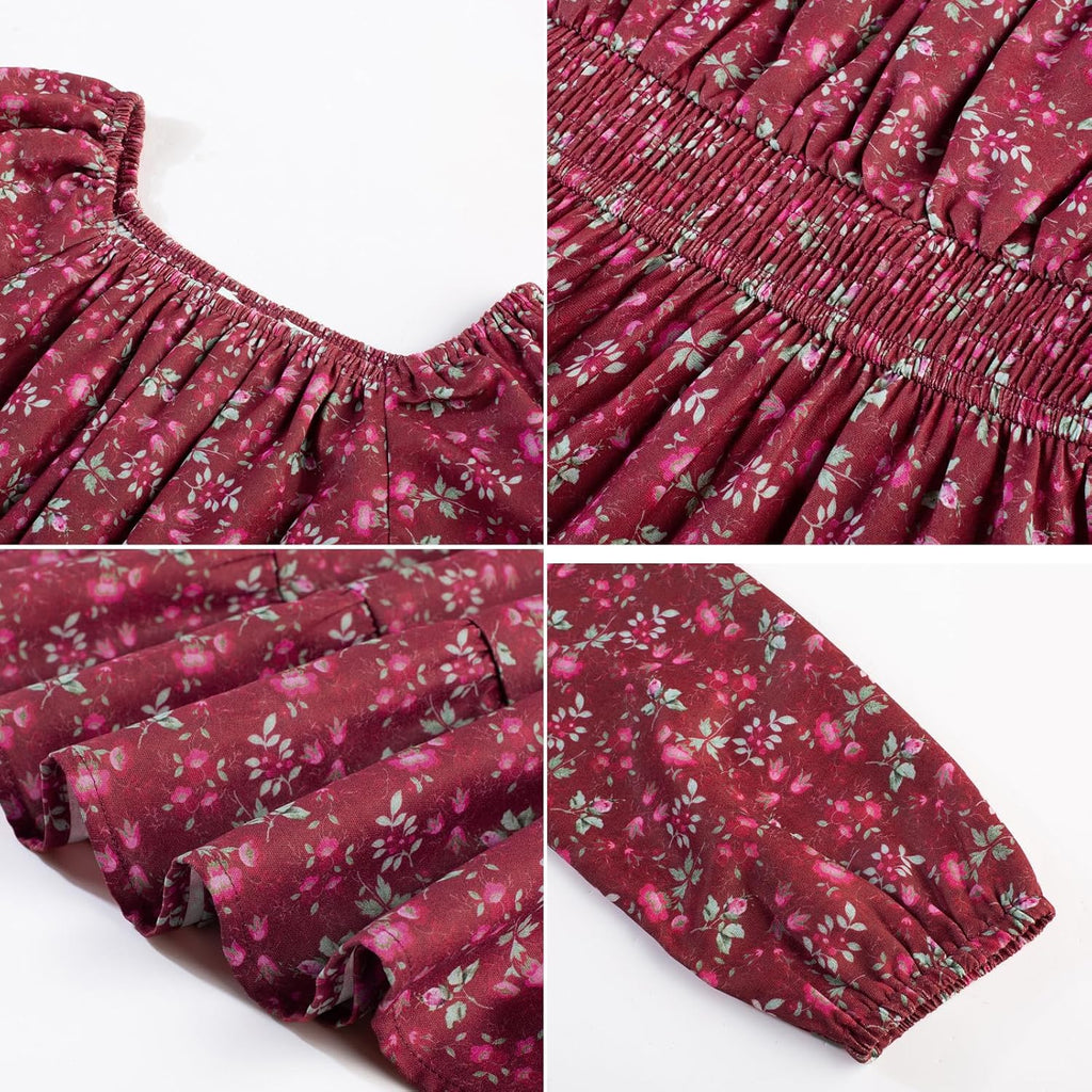 Girls Fall Dress Floral Long Sleeve Midi Smocked Waist Holiday