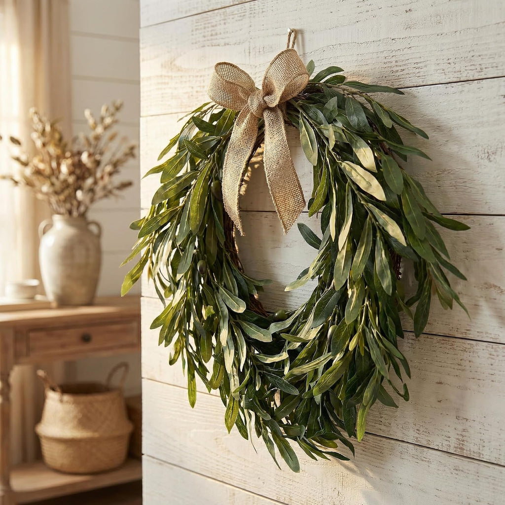 16" Heart Shaped Artificial Olive Leaf & Fruit Wreath - Realistic Green Olive Branches with Spring Floral Accents