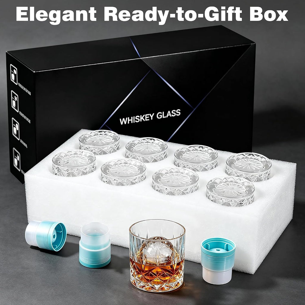 Whiskey Glasses, Set of 16 (8 Rocks Glasses 8 Whiskey Ice Ball Molds), 11 OZ Old Fashioned Glass for Bourbon Vodka