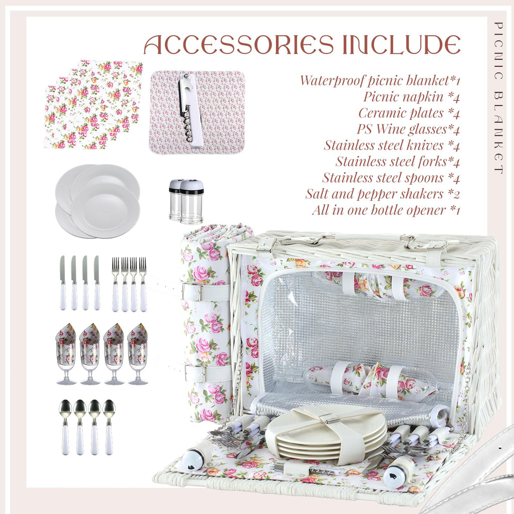 Wicker Picnic Basket Set for 4, Blanket, Cooler Bag, White Floral