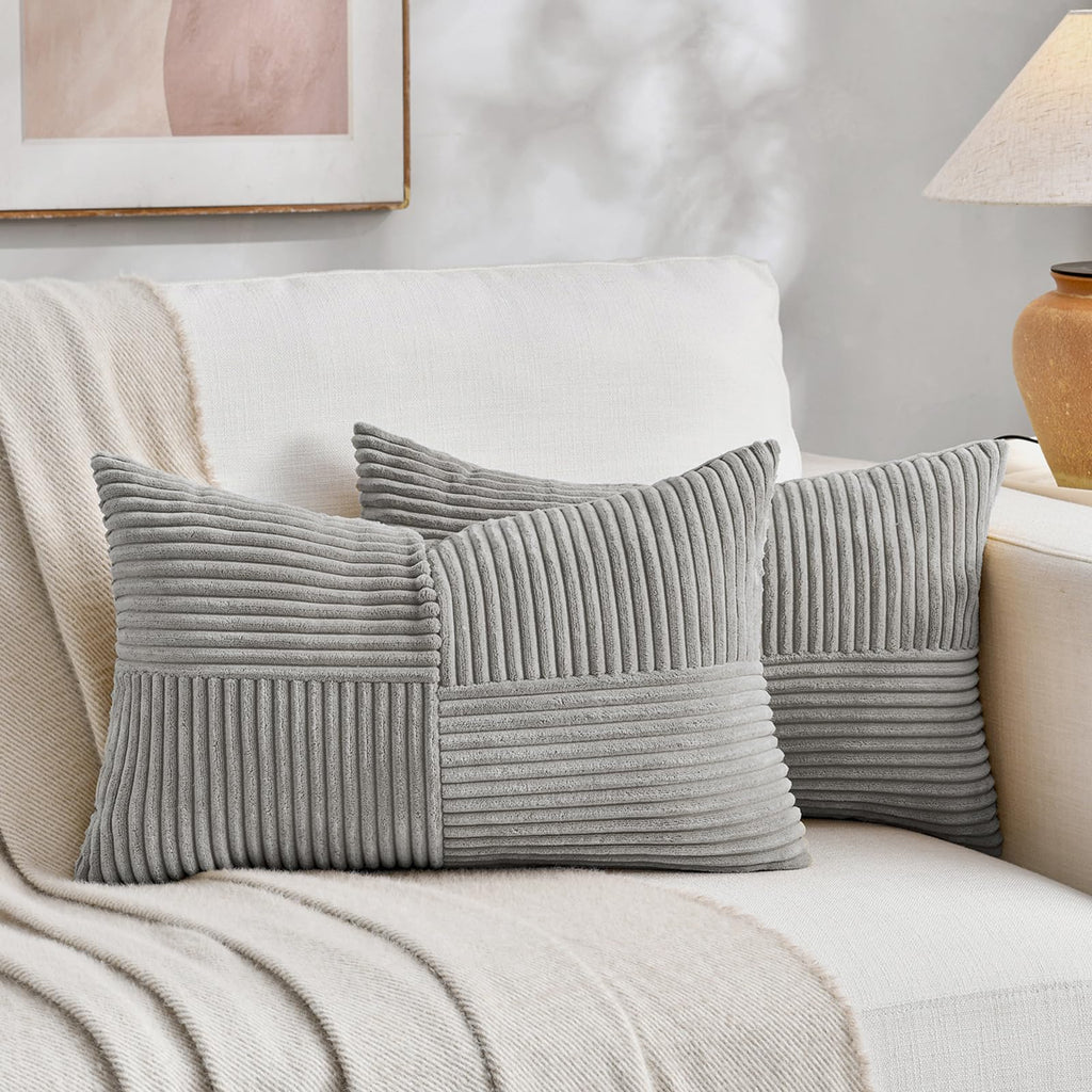 Grey Lumbar Decorative Throw Pillow Covers 16x32 Inch Couch Bed Sofa, Rustic Farmhouse Boho Home Decor, Soft Striped