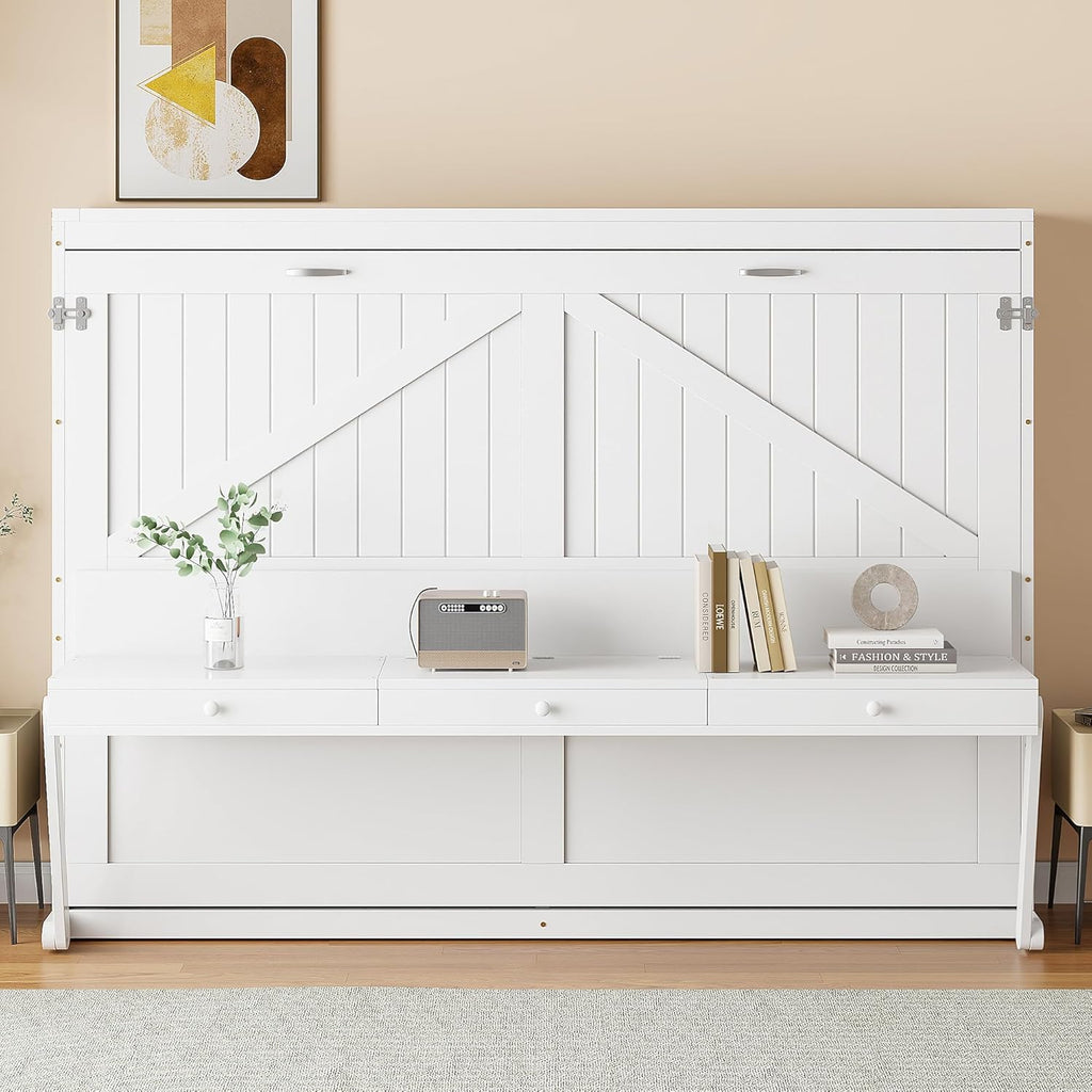 Queen Murphy Bed with Vanity Desk, Foldable Murphy Cabinet Bed with Center Mirror and 2 Side Storage Drawers, Wood