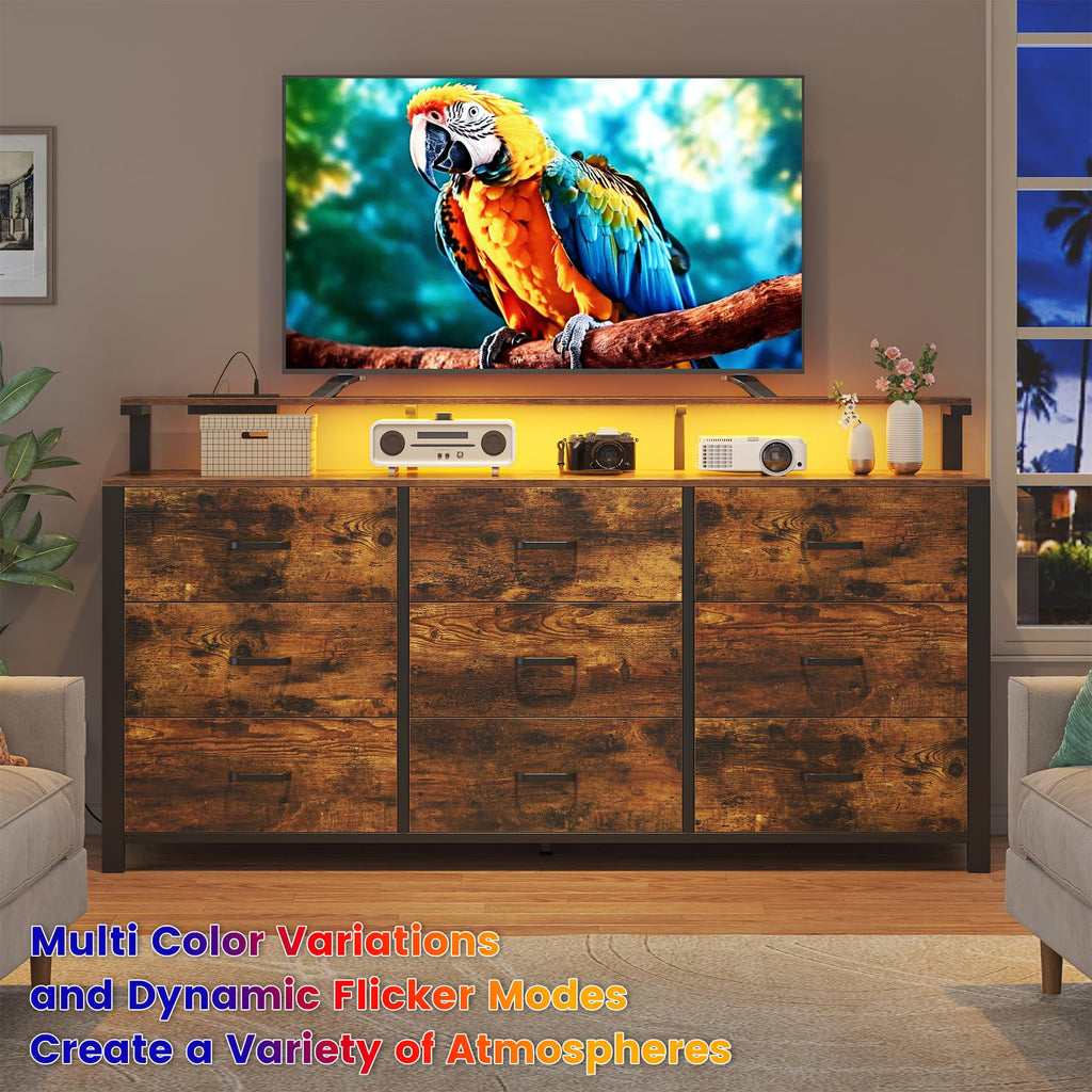 63'' Rustic Brown, 9 Drawer with Power Outlet and Led Lights, Bedroom Furniture with Wooden Drawer and Metal Frame