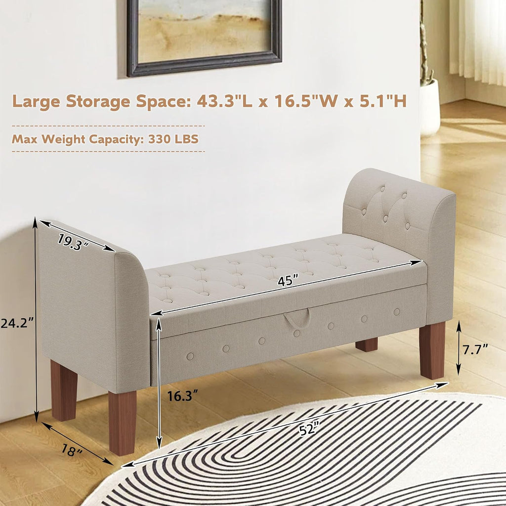 Upholstered Storage Bench with Arms Ottoman Bench Entryway Living Room Khaki